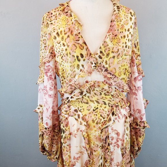 Bardot Blush & Yellow Print Frill Ruffle A Line Maxi Dress Size Medium NEW - Picture 4 of 11